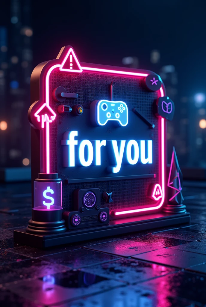 Logotipo “For You”, on the edges image of game triangle, latern, dollars and control button, on blue urban post, with neon and phosphorescent colors. black backdrop.