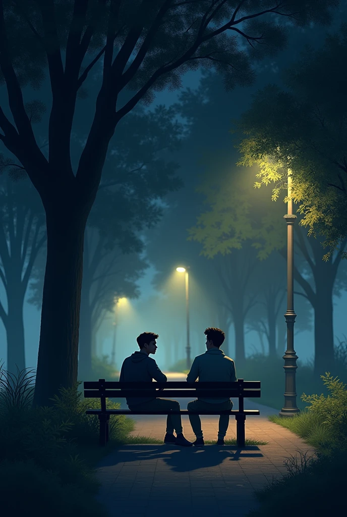 creates an image of two young men sitting in a park at night