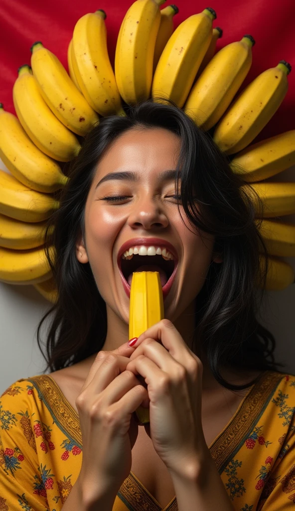 Clothed 30's、A very beautiful Indonesian woman。Dressed in traditional American clothing。Facing forward、Open your mouth wide、The banana in her right hand looks delicious.、I bite into it with the skin on.。The expression is、Ecstatic expression、I feel a strong sense of ecstasy。Being sexually aroused。With a smile、Both eyes are open。The head was peeled、Covered with lots of real bananas。On and around the head、There are a lot of bananas。There are bananas all around。There are so many bananas。The skin is、Hidden by clothes、Light clothing。There are bananas all around。Covered in bananas。No tattoos。The background is the color of the Indonesian flag.。9:16 sizes。Highest quality、A masterpiece。