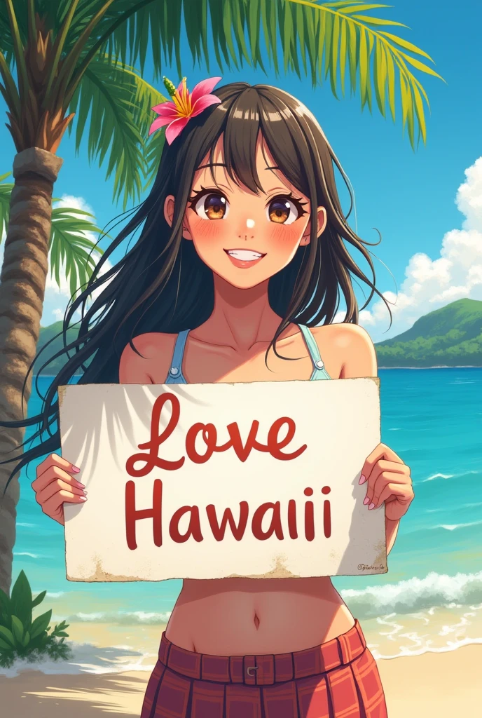 A beautiful and cute woman holding up a sign "I love Hawaii", Joyful, Happy, Anime illustration, Realistic, oil