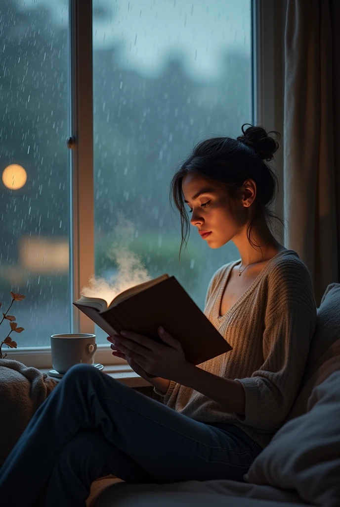 In the window seat、A girl is quietly reading a big book while drinking coffee。It's raining outside.、There are water droplets on the window。