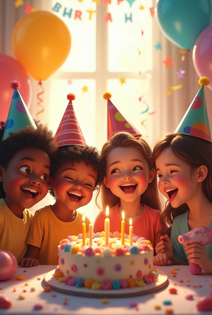 A group of 6 children, some with brown skin and some with white skin, are gathered in a brightly lit room. They are all wearing party hats and holding balloons, and there is a large birthday cake in the center of the room. The children are all smiling and laughing, and the room is decorated with colorful streamers and balloons. The general mood is one of joy and celebration. (Be careful when creating eyes and mouths.)