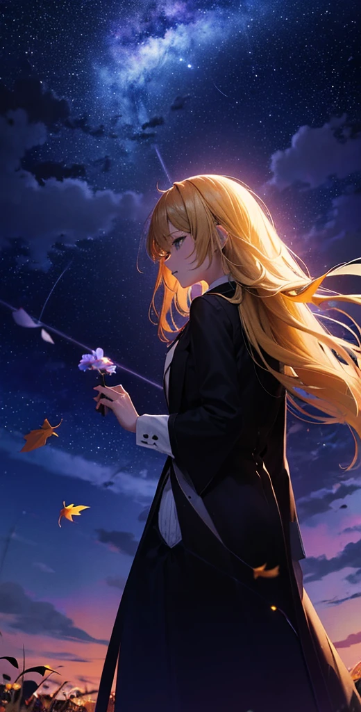 １people々々々々々々々々々々々,Woman with long blonde hair，Long coat，Takageta， Dress Silhouette， Rear View，Space Sky, Full moon background，Flower Field，Colorful flowers，Dancing Petals，autumn，autumn leaves，rain，