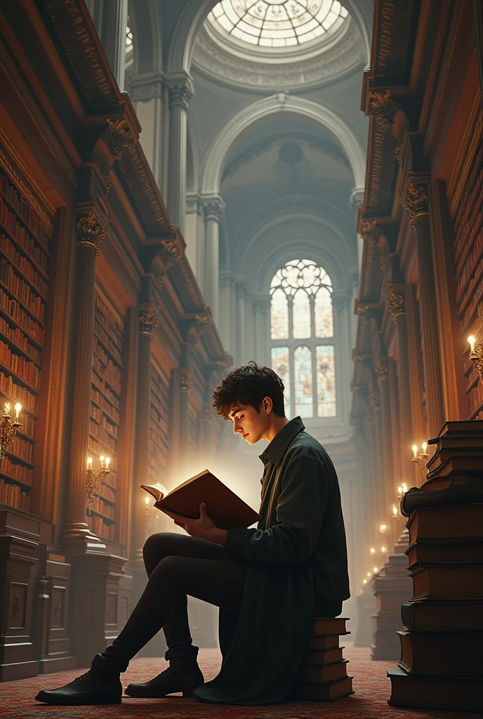 A young man is reading a book in the great library where is the park