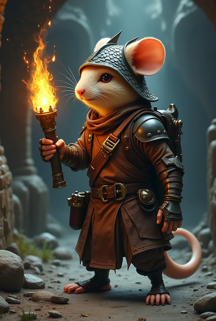 Humanoid mouse, with leather armor, dragon scale hunter hat, Set in Dungeon and Dragon's and a mechanical prosthesis on the left arm that is a flamethrower