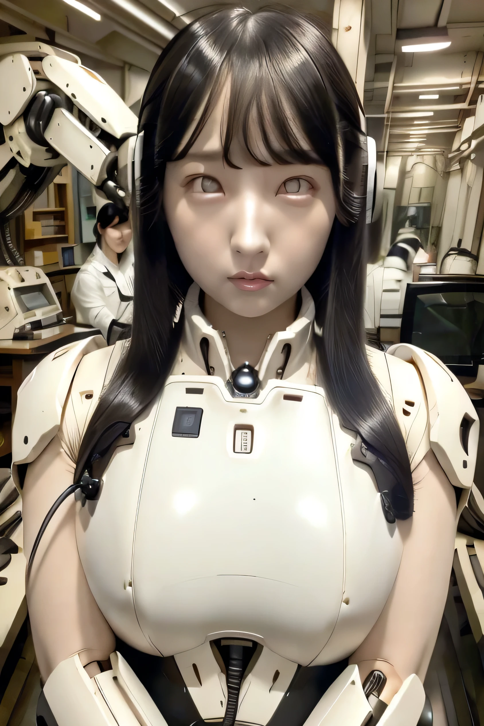 masterpiece, best quality, extremely detailed, Japaese android girl,portrait,Plump,a bit chubby,control panels,android,Droid,Mechanical Hand, Robot arms and legs, Black hair,Blunt bangs,perfect robot girl,long tube,thick cable connected her neck,android,robot,humanoid,cyborg,japanese cyborg girl ,robot-assembly plant,She is assembling now,assembly scene,white eyes,chest monitor,office-lady