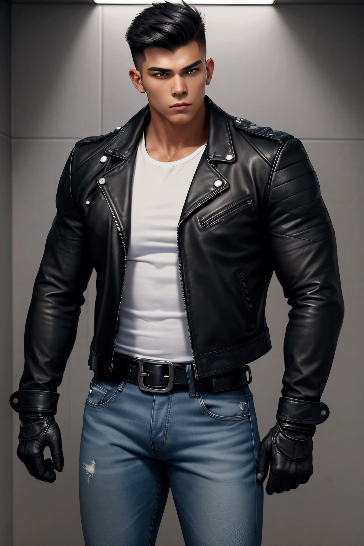 A muscular young man , wearing a white round-neck shirt and a black leather jacket over it, wearing blue jeans, black motorcycle gloves, a black belt, and black combat boots and a holster strap for a handgun on his thigh , Standing with arms crossed in the bathroom. Anime.