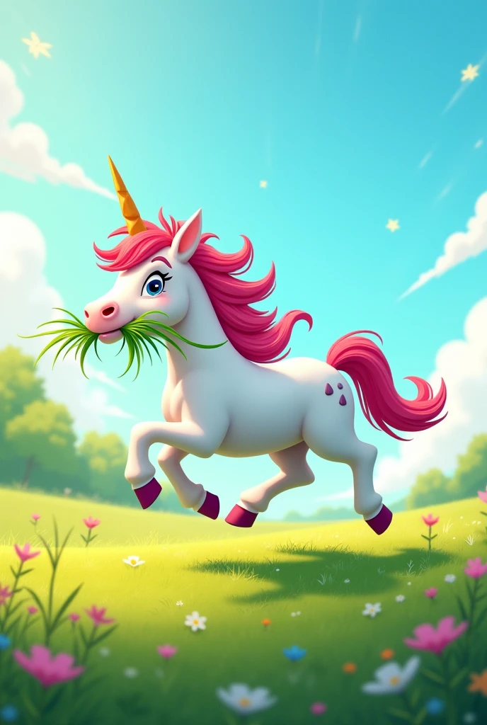 Fast running unicorn with green grass in its mouth on a meadow with rainbow tail rainbow mane simple cartoon style with open eyes
