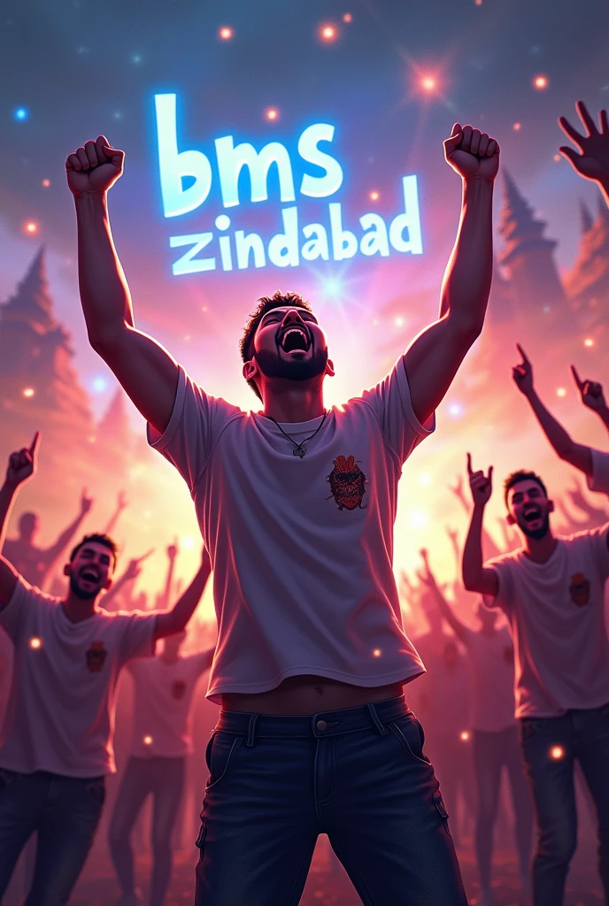 "Create an image of an ecstatic winner who has scored 428, celebrating aggressively in a vibrant fantasy world. The background should be filled with magical elements like glowing forests, floating castles, and a radiant, colorful sky. Surround the winner with a crowd of people, all looking incredibly happy and cheering him on. The winner should be in the midst of an intense celebration, with fists pumped in the air or shouting triumphantly, radiating energy and joy. He might be holding a trophy in his hands which show to top and the scene should feel alive with excitement. Boldly integrate the text ' BMS ZINDABAD ' into the environment, making it a central part of the celebratory atmosphere."