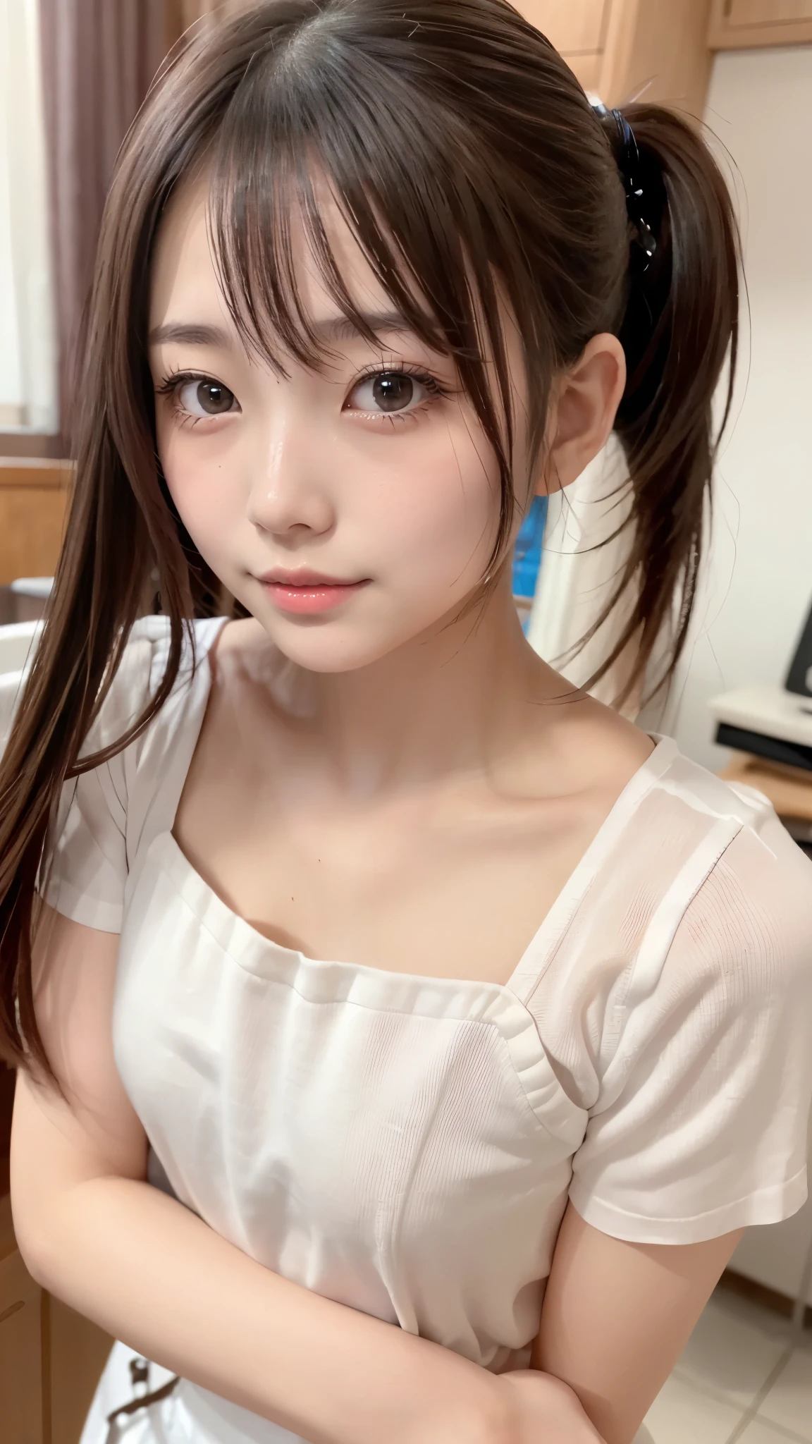 ((A high school girl is wearing a cute apron and doing work experience at a kindergarten)), ((masterpiece, highest quality, High resolution, 超High resolution, Perfect Pixel, Depth of written boundary, 4K, RTTX 10.0, High resolution))), (three adult women:1.3), Beautiful Anime Woman, (baby face, idle face), Beautiful art style, Anime characters, ((Long Hair, bangs, Dark brown hair, ponytail)), ((Beautiful eyelashes)), ((Detailed face, blush:1.2)), ((Smooth texture, Realistic texture, Anime CG Style)), Perfect body, Slender body, Exact finger count、Exact number of legs、Exact number of arms, (blush:1), (two women are standing), Looking Back, Realistic, Slender body, highest quality, High resolution, Very detailed face, Perfect lighting, Extremely detailed CG, (Perfect hands, Perfect Anatomy), ((Embarrassed expression)), whole body, Angle from the rear, Looking Back, ((Tight waist:1.2)), (Small beautiful butt、Beautiful lower buttocks)、(Detailed legs、Beautiful feet、Thin thighs), (Beautiful breasts), (Perfect Anatomy:1.3)、(Detailed hands、The perfectly correct hand:1.1)、(Detailed eyes and face:1.3, Professional photography techniques)、((Dynamic Pose))、(Detailed arms and legs:1.2)、(View the viewer、blush)