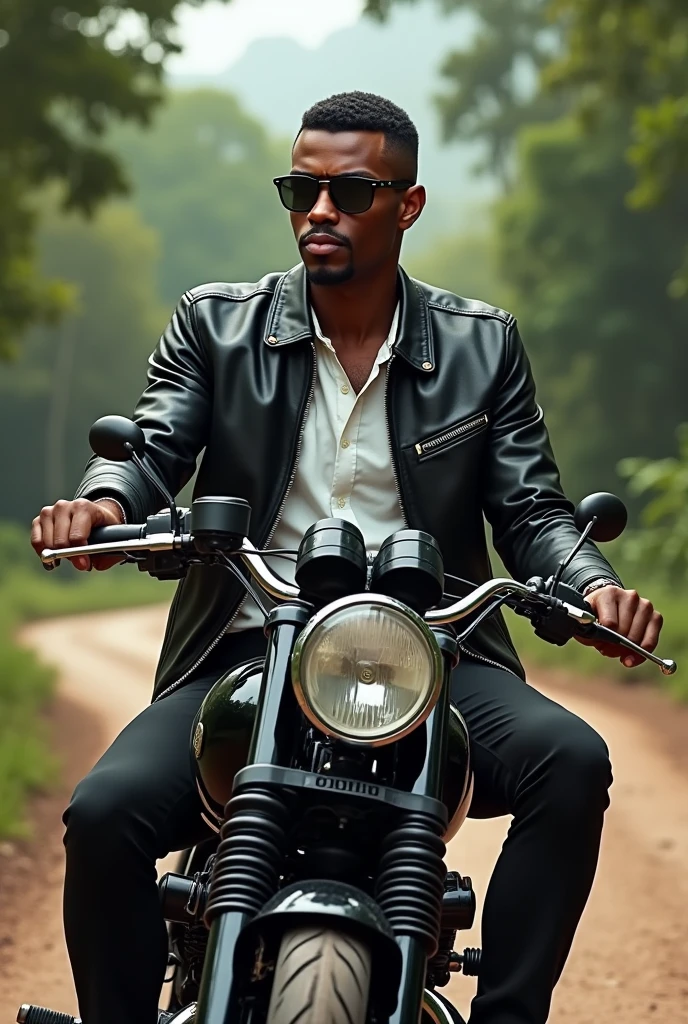 Illustration of a tall black man in jambo skin tone with fine features, with low cut hair, thin moustache, slim but defined body, sitting on top of a black Yamaha drag star 350cc motorcycle wearing black jeans and a black leather jacket with a white shirt underneath, wearing black Ray ban sunglasses. He has his face turned slightly to the side and further back in the landscape.. He is on a dirt road with trees behind, typical of the city of Vitória da Conquista Bahia Brazil.