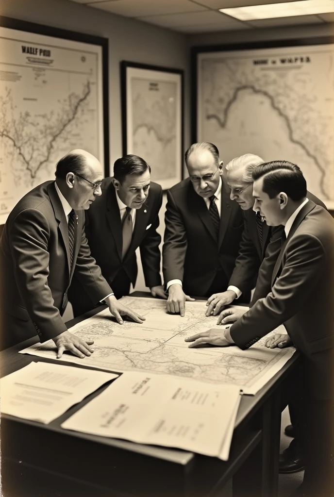 A vintage photo of WAPDA's planning team, with maps and documents in the background.