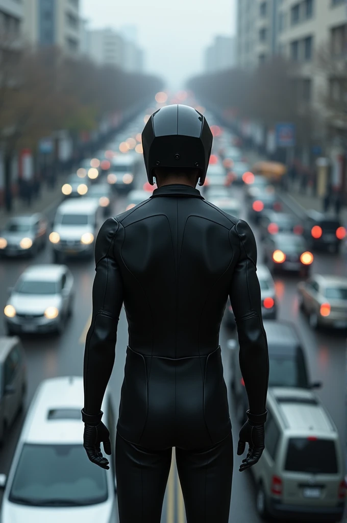 Man in black helmet looking forward overlooking stopped traffic