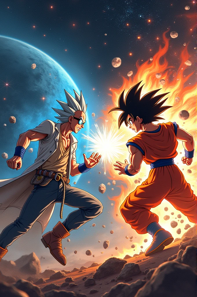 Rick Sanchez fighting Goku in space 
