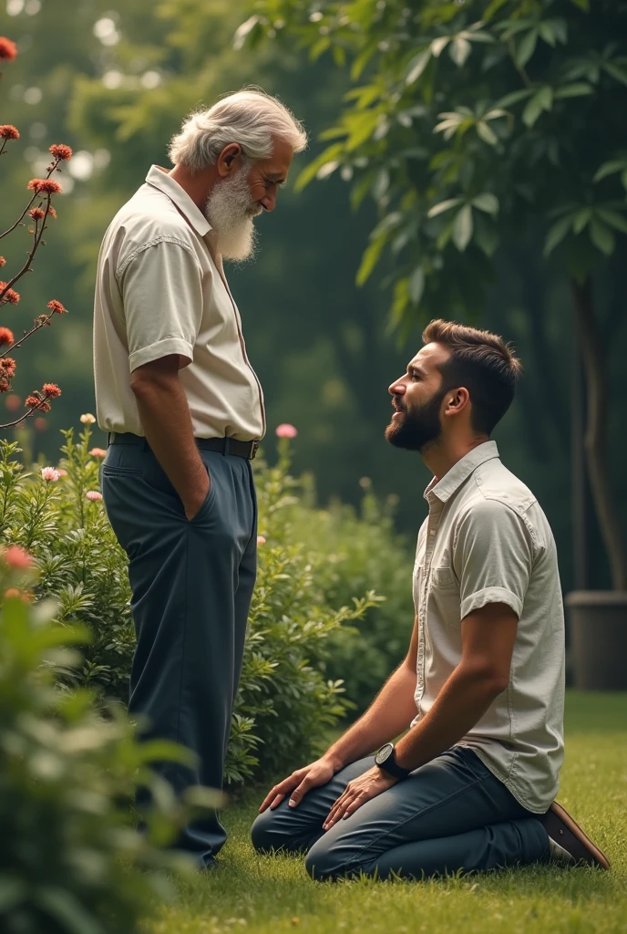 30 year old rich young man on his knees crying and asking for forgiveness,  put an old man in the picture,the son looking at the old man, your beard should be short, the young man also has a short beard, both are in a garden, is wearing a shirt and pants 