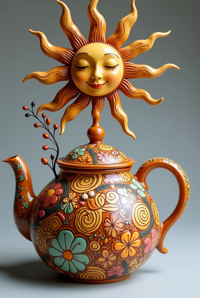 

A teapot with intricate floral patterns An abstract painting with swirling shapes A wooden sculpture of a smiling sun
