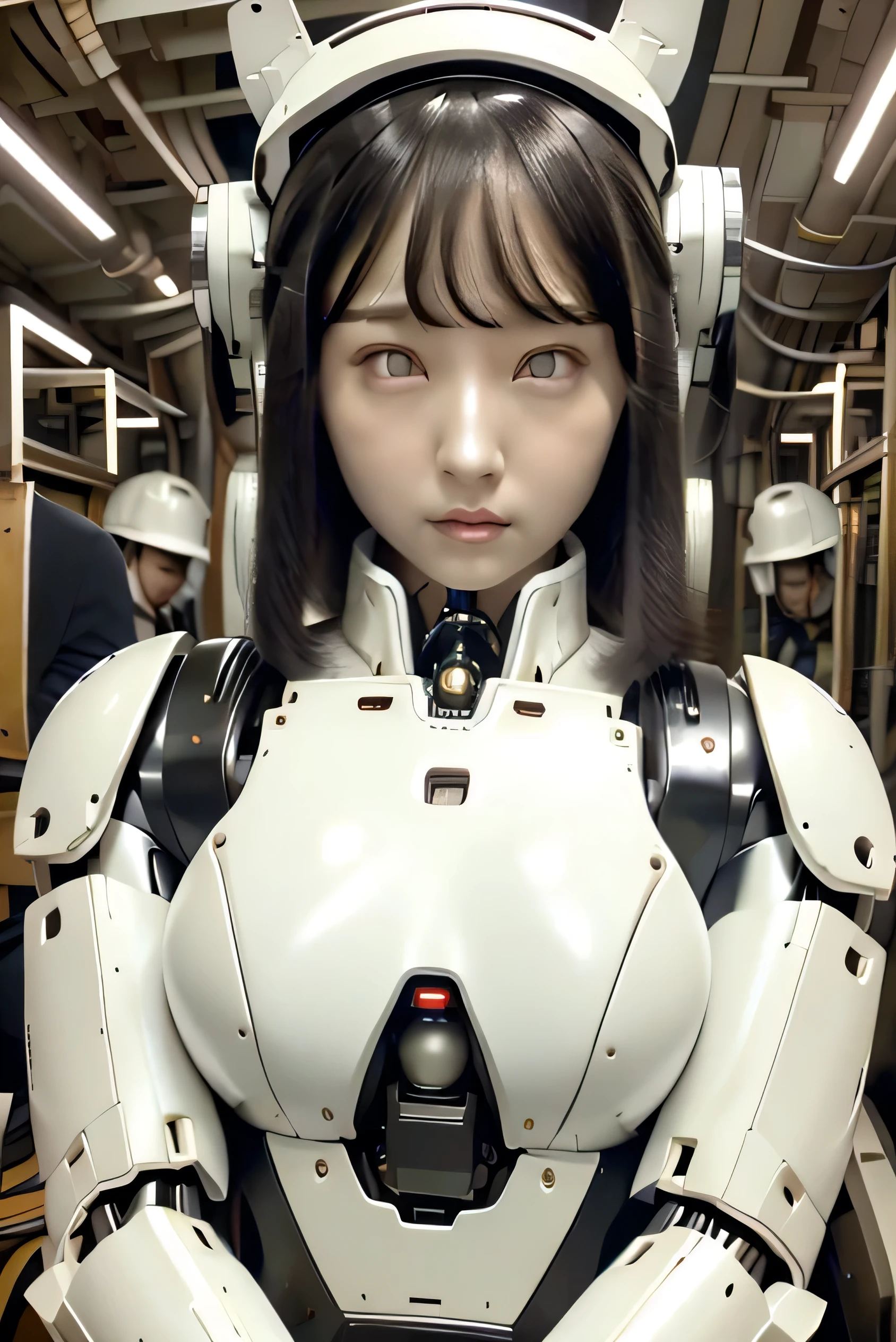 masterpiece, best quality, extremely detailed, Japaese android girl,portrait,Plump,a bit chubby,control panels,android,Droid,Mechanical Hand, Robot arms and legs, Black hair,Blunt bangs,perfect robot girl,long tube,thick cable connected her neck,android,robot,humanoid,cyborg,japanese cyborg girl ,robot-assembly plant,She is assembling now,assembly scene,white eyes,chest monitor,office-lady