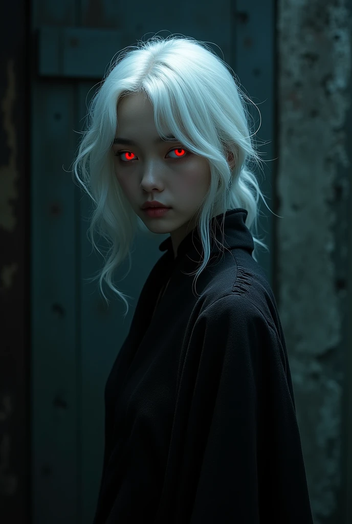 Create a cover for a book, that shows a dark room, and a young woman with Asian features, beautiful and mesmerizing look, white hair surrounded by black shadows with bright red eyes 