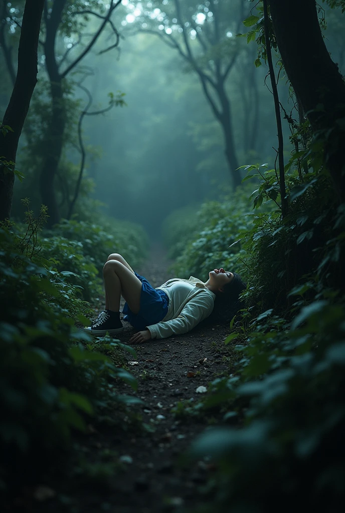 image of a dense forest with lots of undergrowth and no trails , a light fog , a lot of darkness , terribly horrifying that makes anyone paralyzed with fear .Clara lying on the ground after falling into the forest, being consumed by the vegetation, with only her head and arms remaining outside the vegetation. She fights for survival. Clara wears a blue skirt, a closed white coat and black sneakers. .
