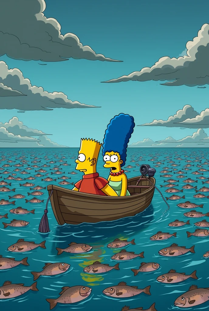 a simpsons style landscape image of homer and marge Simpson looking horrified sitting in a boat in the ocean holding fishing lines and fishing nets. all the fish are dead floating on the surface of the water