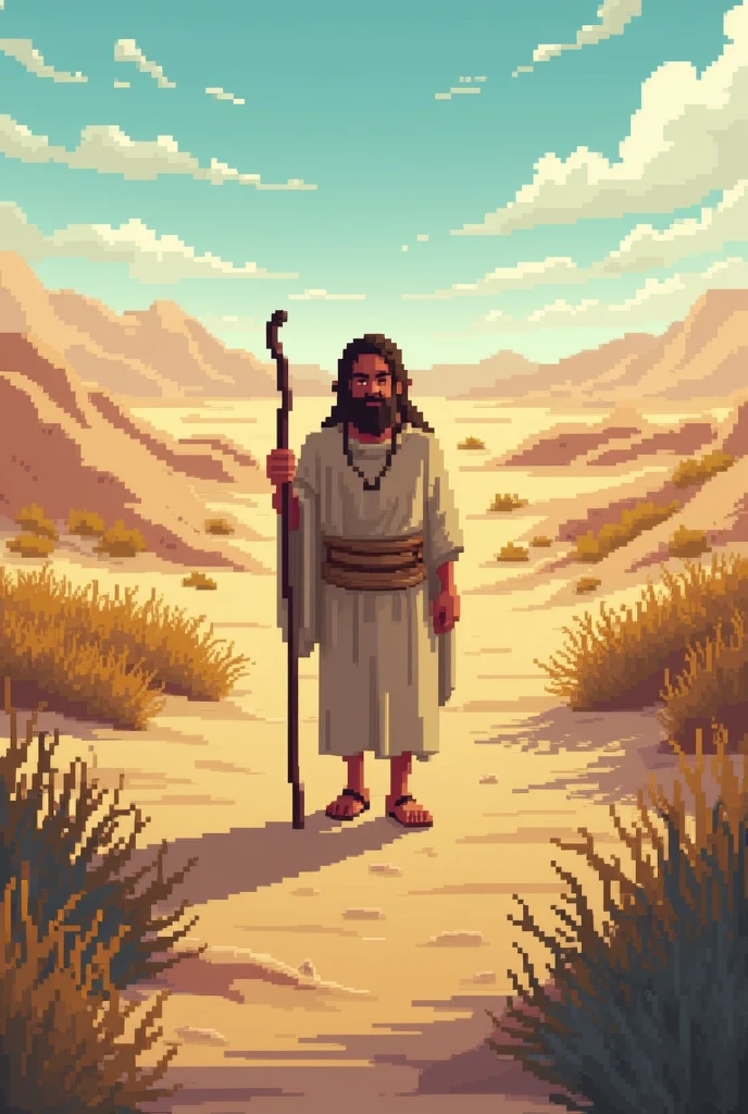 Disney pixel style template video, da história do profeta john Baptist com o seguinte roteiro
Roteiro: john Baptist
Título: john Baptist: The Prophet of the Desert Duration: 3-4 minutes Style: pixel art, short animation Subtitles: Included in each scene Scene 1: O Nascimento de john Baptist**
Description of the scene:
The scene begins in a small village in Judea. A simple house is shown with landscapes around it.
- Subtitles: "Zechariah and Elizabeth, an elderly couple without children, received a message from God."
-Share: Zechariah is in the temple, in his priestly robe, and is surprised by the appearance of an angel. The angel speaks to him.
- Subtitles: "The angel Gabriel announced to Zechariah that they would have a son, even in his old age. This son would be called John."
Transition to the Next Scene: The image blurs and then breaks into pixels, revealing the next scene.
Scene 2: João no Deserto
Description of the scene:
John is now seen as an adult, with simple clothes made of camel hair, holding a staff. he's in the desert, surrounded by dunes and dry bushes.
- Subtitles: "John grew up and lived in the desert, preaching repentance and preparing the way for the Messiah."
-Share: John walks through the desert, eating grasshoppers and wild honey, reflecting his austere and God-dedicated life.
- Subtitles: "He lived simply, eating grasshoppers and wild honey."
Transition to the Next Scene: The camera focuses on John walking to the right of the screen, and the scene transitions to a river.
Scene 3: O Batismo no Rio Jordão
Description of the scene:
John is now on the banks of the Jordan River, with many people gathered around.
- Subtitles: "Many came from far away to hear John preach and to be baptized by him in the Jordan River.."
-Share: It shows John baptizing people in the river. Many people, com roupas simples, wait their turn to be baptized.
- Subtitles: "I baptize you with water unto repentance. But he who comes after me is mightier than I."
Transition to the Next Scene: A c