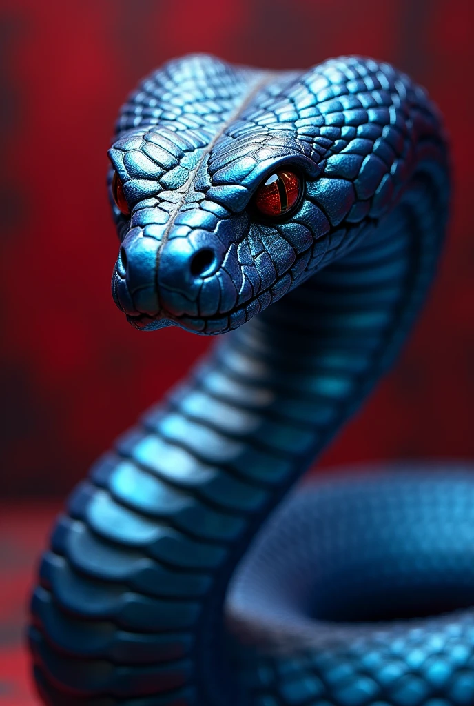 Metallic blue King Cobra with an evil look, with a red and silver background 