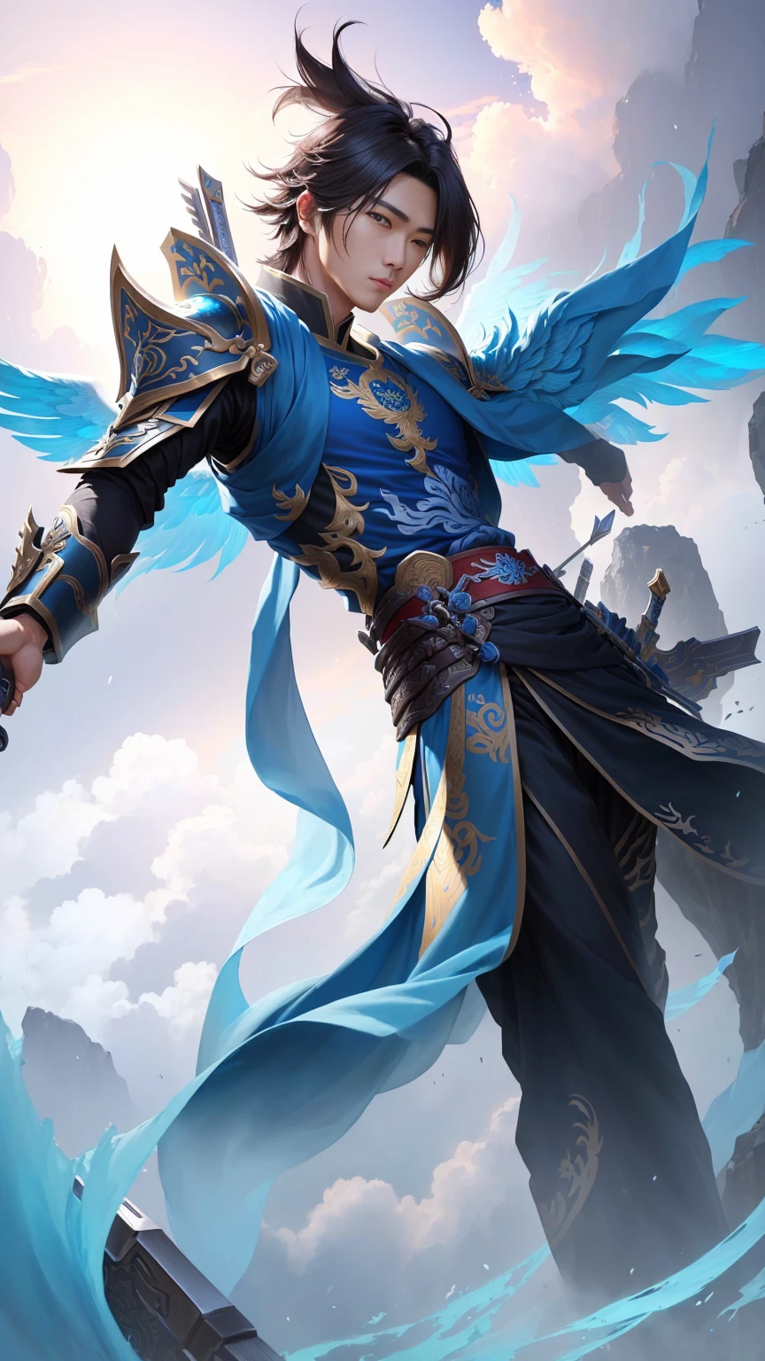 ((Best quality, 8k, masterpiece 1,3)), a close up of a person with a sword in a sky, mobile wallpaper, inspired by Huang Shen, heise jinyao, wallpaper mobile, amazing wallpaper, by Yang J, phone wallpaper, winged archer, wallpaper background, inspired by Shen Zhou, tane skin, phone background, g liulian art style, zhao yun, by Qu Leilei, official splash art