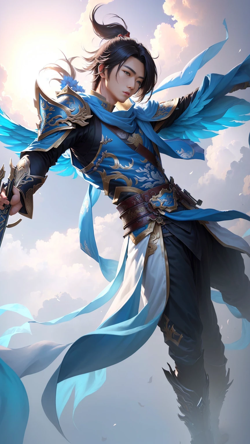 ((Best quality, 8k, masterpiece 1,3)), a close up of a person with a sword in a sky, mobile wallpaper, inspired by Huang Shen, heise jinyao, wallpaper mobile, amazing wallpaper, by Yang J, phone wallpaper, winged archer, wallpaper background, inspired by Shen Zhou, tane skin, phone background, g liulian art style, zhao yun, by Qu Leilei, official splash art