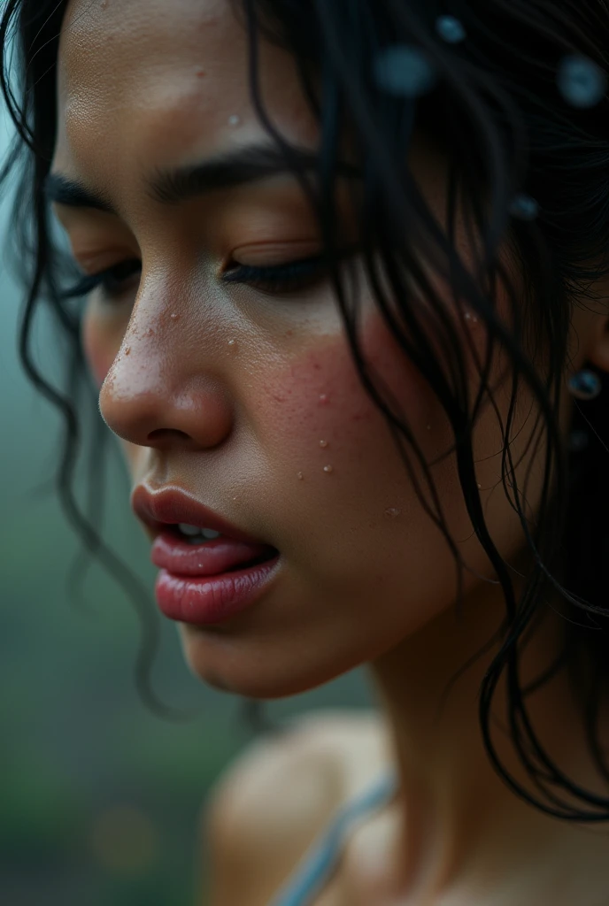 Below view, woman, sweaty, raining, sexual face, looking down at viewer, biting lip, closeup at face