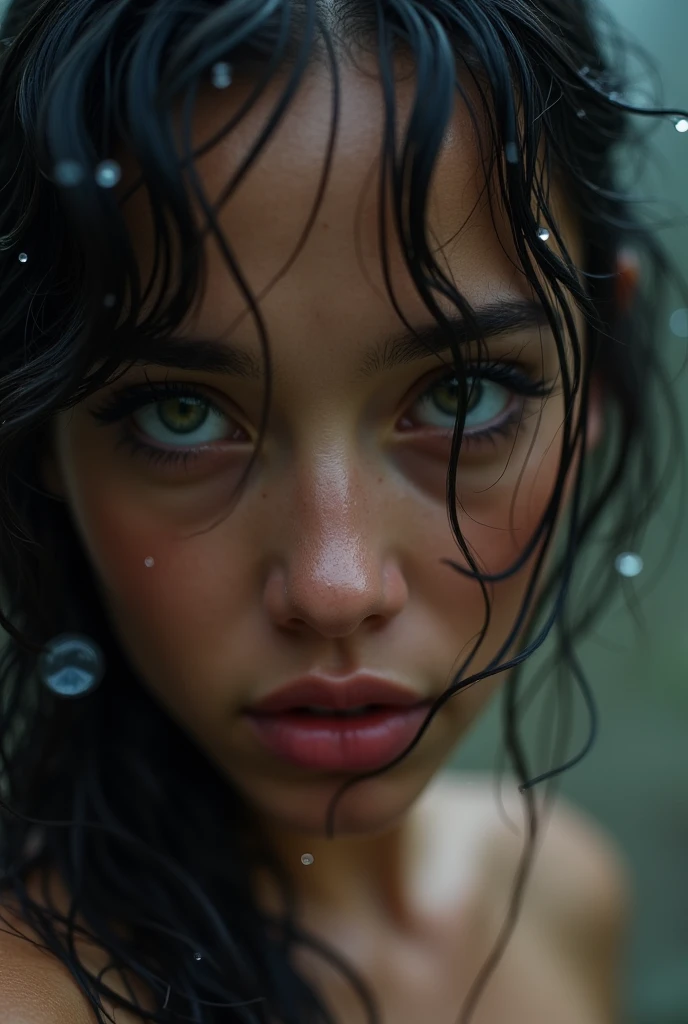Below view, woman, sweaty, raining, sexual face, looking down at viewer, biting lip, closeup at face