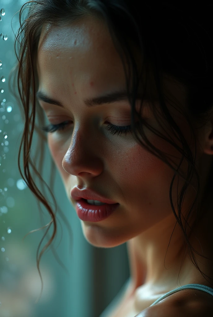 Below view, woman, sweaty, raining, sexual face, looking down at viewer, biting lip, closeup at face