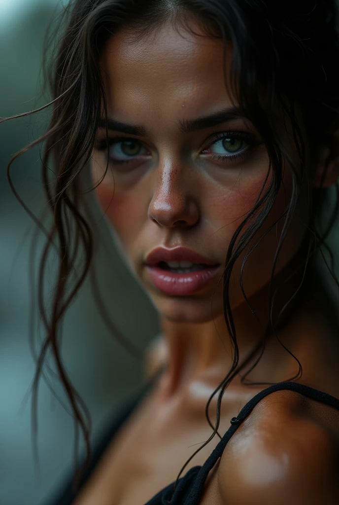 Below view, woman, sweaty, raining, sexual face, looking down at viewer, biting lip, closeup at face