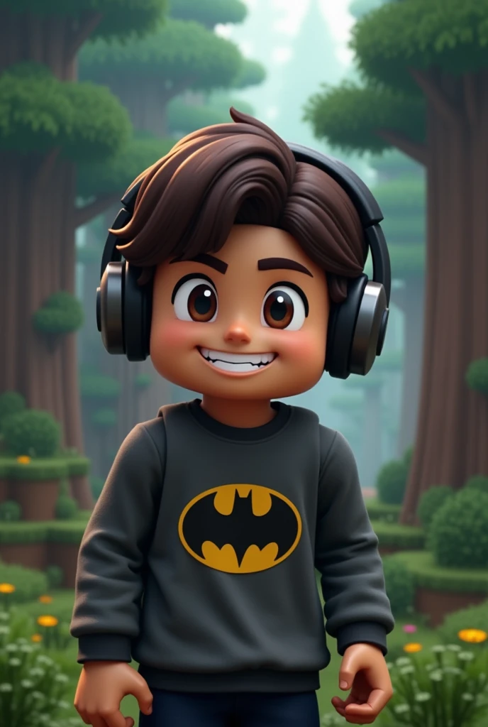 Smiling Minecraft with dark brown hair wearing a gray sweatshirt and a black shirt over it with the batman symbol on the chest and wearing headphones on his head. And deep down be a forest.