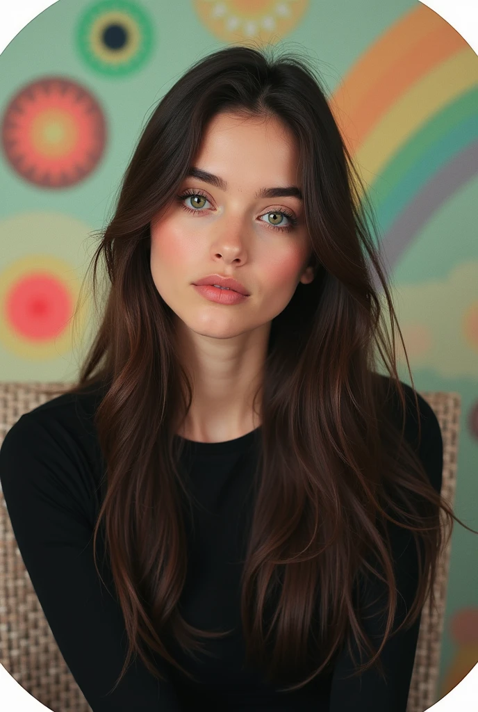 I need pfp aesthetic a girl sitting on a chair with sharp jawline and long straight hair with beautiful face features and eyes color green with aesthetic background cartoonic characters with circle PFP with she is wearing black top