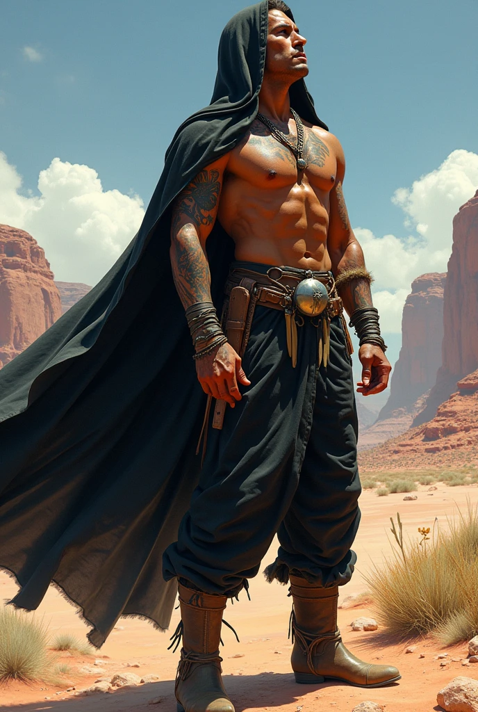 Full-body image (from behind) of a muscular, tattooed American Indian man, with a black hood and a large black cape covering his back. He has no shirt and wears a loincloth, loose black pants, native boots and large metal bracelets on both wrists. He's in the Arizona desert, looking up at the sky. Frazetta art style.