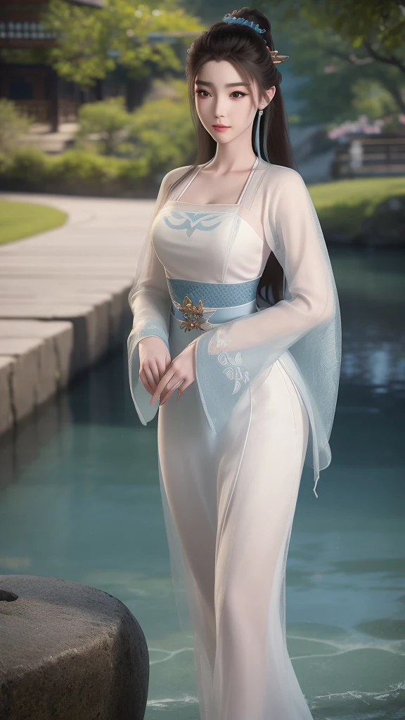 beautiful detailed eyes, beautiful detailed lips, extremely detailed eyes and face, long eyelashes, 1girl, anime, girl in a blue and white dress, standing in water, walking on water, closeup, fantasy, water magic, azur lane style, anime girl cosplay, seraphine ahri kda, splash art, anime , realistic water, water fairy, WLOP art style, Sakimichan art style, best quality, 4k, 8k, highres, masterpiece, ultra-detailed, realistic, photorealistic, HDR, UHD, studio lighting, ultra-fine painting, sharp focus, physically-based rendering, extreme detail description, professional, vivid colors, bokeh