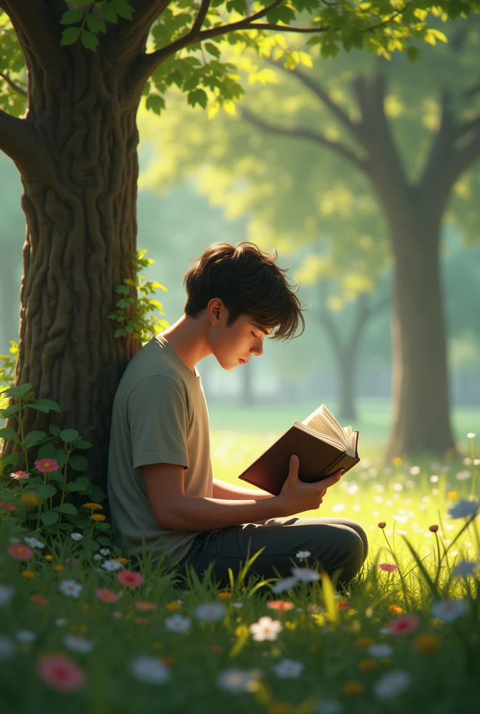 A young man is reading a book in the park