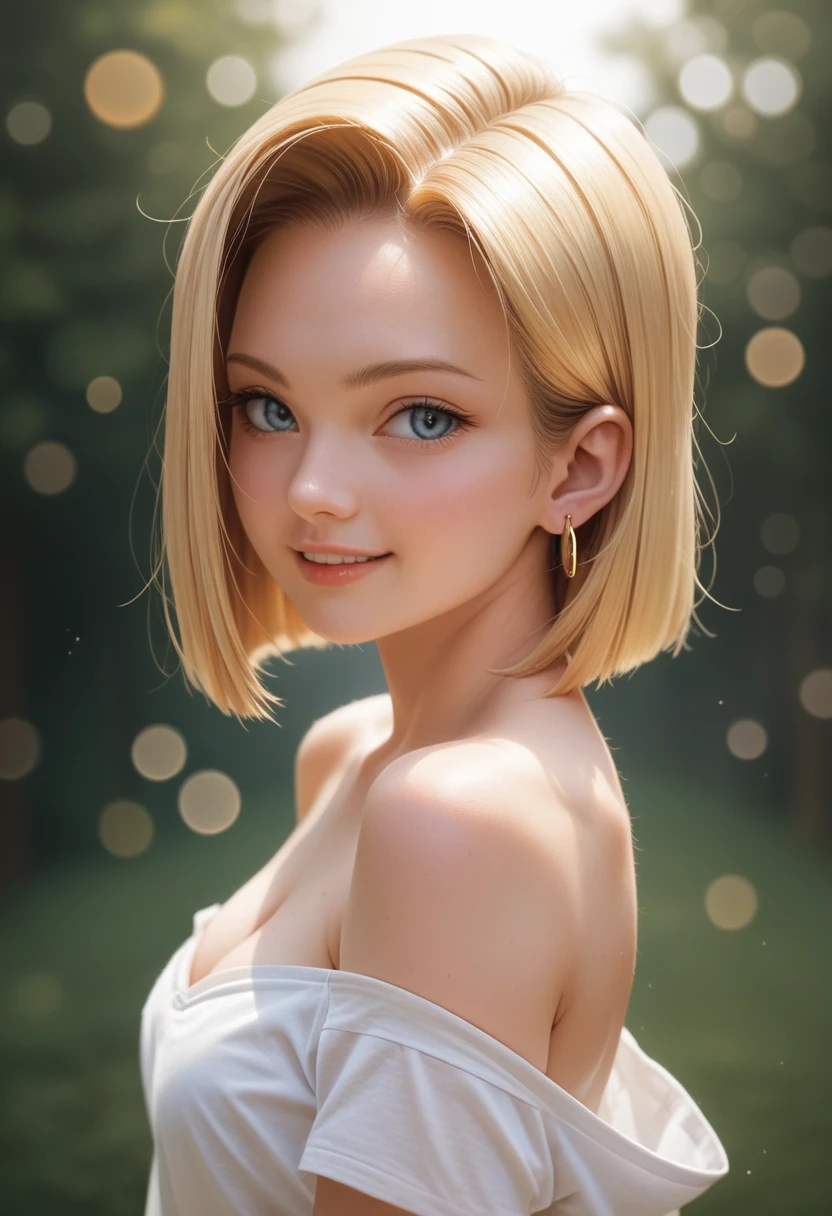 android 18, ( upper body closeup photo ), ( bokeh effect ), (cowboy shot), very seductive, seductively pose, smiling, cute, very cute, ultra high definition, work of art, Ultra-high quality, ultra detailing, 8k, nua sexy, humida, Off The Shoulder, humida biquíni branco
