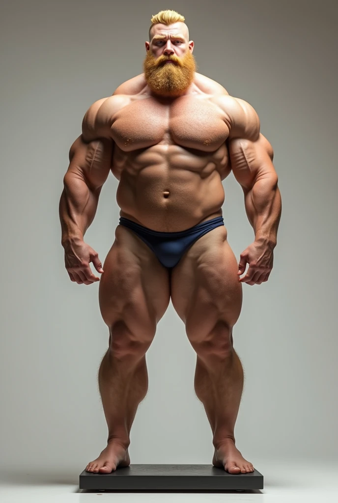 there is a hairy, bearded blond man standing on a scale, ernest khalimov body, tall faces, athletic and beautiful, tall and muscular, incredibly strong and tall, Model posing, Mr. Universe, the perfect human male specimen, slightly muscular, Sébastien Chabal, quadris insanamente inflados, fairly muscular, absurdly muscular physique, absurdly huge physique, rubbery-looking body, Bulge, bulge.