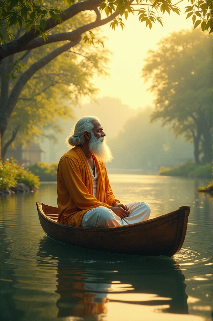 Rabindranath Tagore is bowing to nature while sitting in a boat on the banks of the Sonar River