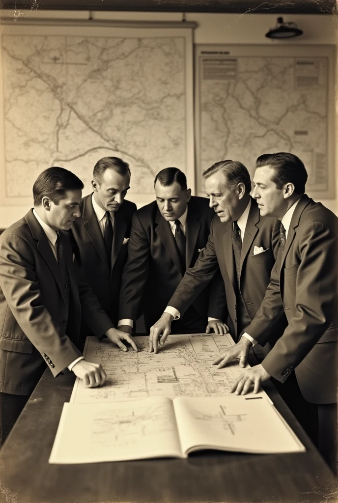 A vintage photo of WAPDA's planning team, with maps and documents in the background.
