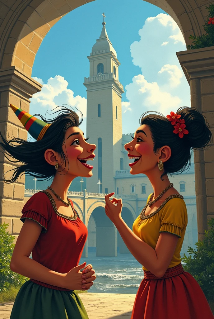 Illustrate Zé Pilintra and Maria Navalha sharing a moment of laughter at the Arcos da Lapa, with the historic arches towering behind them, embodying the spirit of Brazilian folklore and culture.
