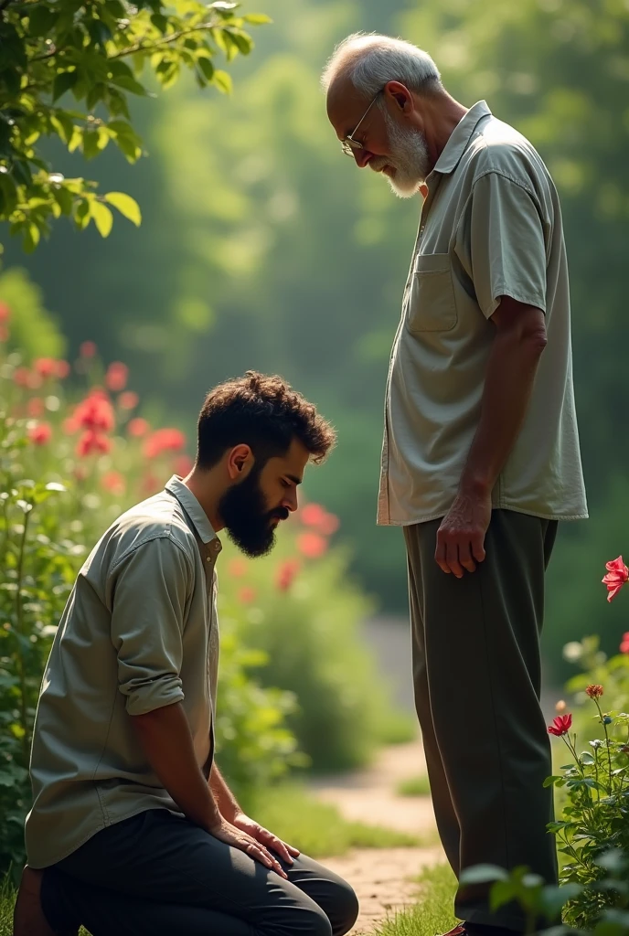 30 year old rich young man on his knees crying and asking for forgiveness,  put an old man in the picture,the son looking at the old man, your beard should be short, the young man also has a short beard, both are in a garden, is wearing a shirt and pants 