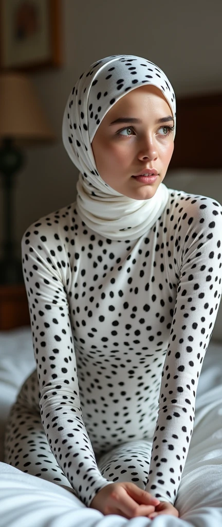 The most beautiful,thin,clever and most pretty thirty eight years old Malaysian muslimah girl wears white tiger leopard print lycra turtleneck unitard catsuit covered with spots.She always wear tiger leopard print cotton dancewear stretchy square hijab covered with spots.She cries on the bed and sleeps on the bed.