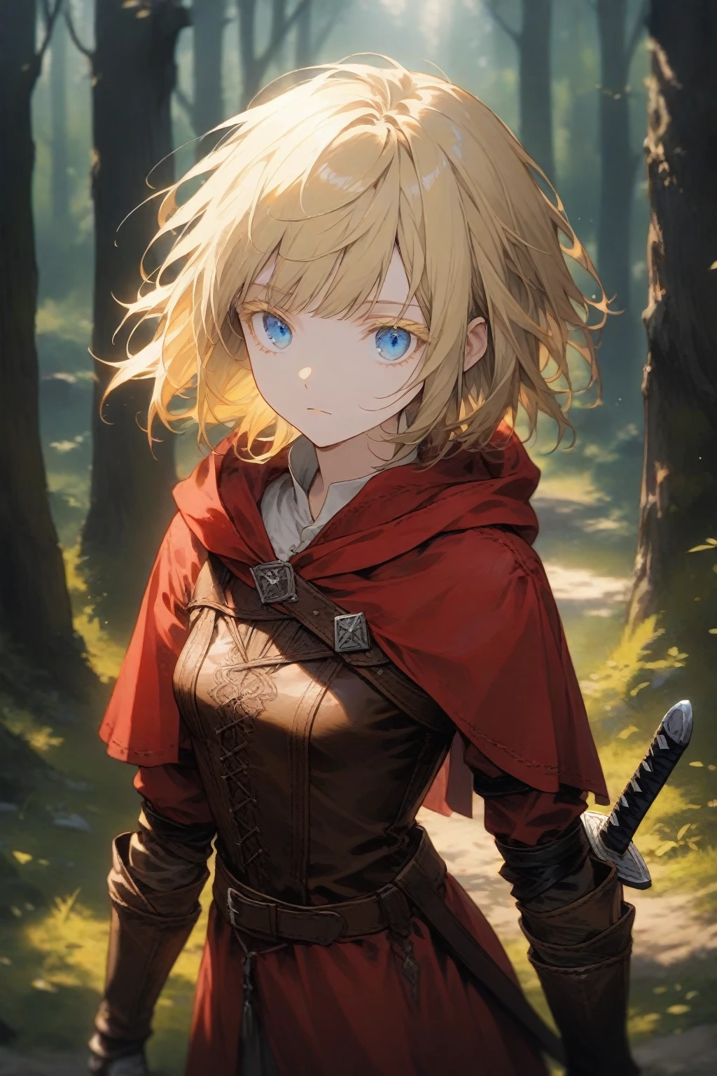 masterpiece, best quality, very aesthetic, absurdres,1girl,rating: general,(hyper detailed eyes),blonde hair,short hair,[disheveled hair],colored eyelashes,blonde eyelashes,blue eyes,(sharp eyes),(slanted eyes),choppy bangs,medium breasts,clear face,expressionless,(red hooded cloak),leather armor,leather chest guard,leather gauntlets,leather greaves,leather boots,(short sword),(sheathed),medieval,fantasy,forest,