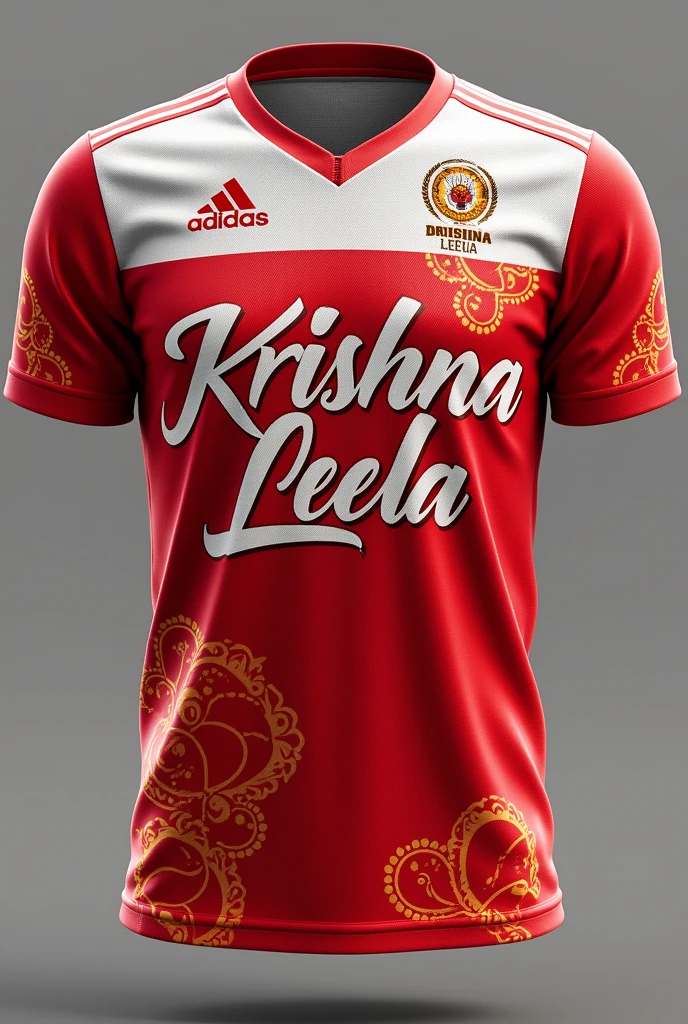 Red and white colour dahi handi jersey 
With krishna leela name in it
