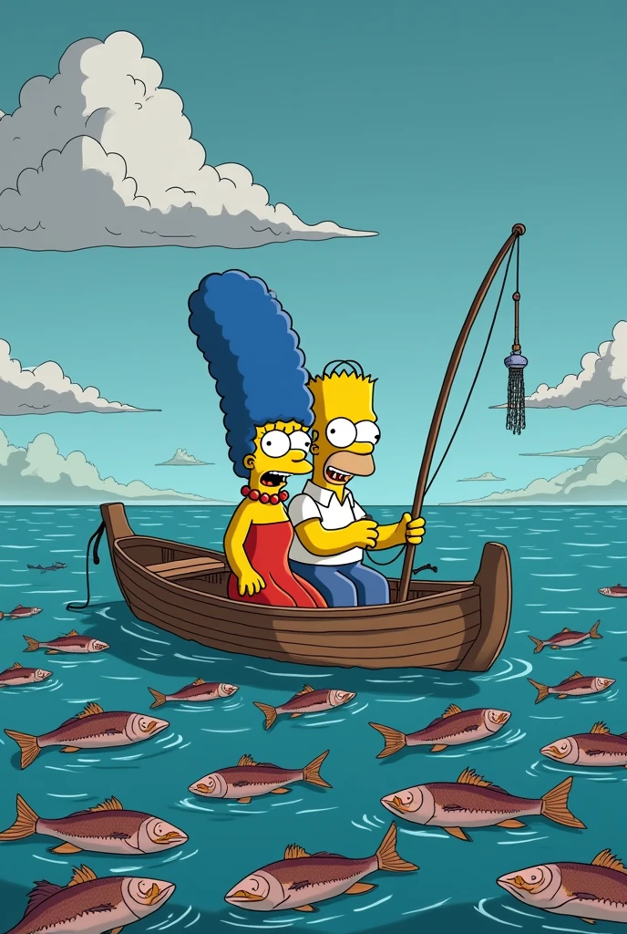 a simpsons style landscape image of homer and marge Simpson looking horrified sitting in a boat in the ocean holding fishing lines and fishing nets. all the fish are dead floating on the surface of the water