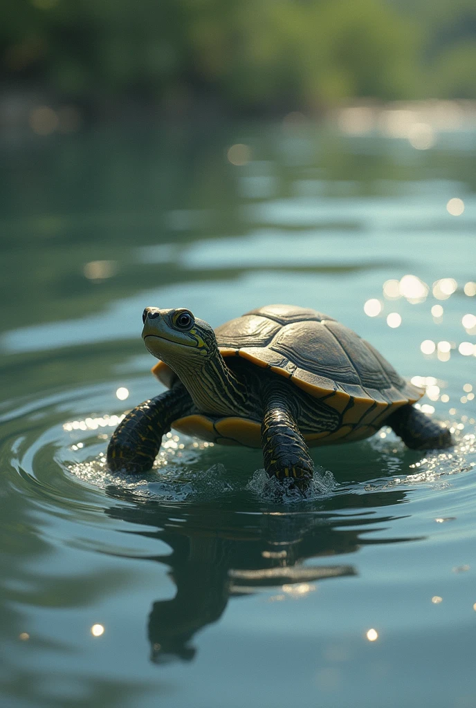 The turtle stepping into the river. The water is gently pushing against it, and the turtle is struggling, but it is moving forward, its tiny legs pushing through the current.