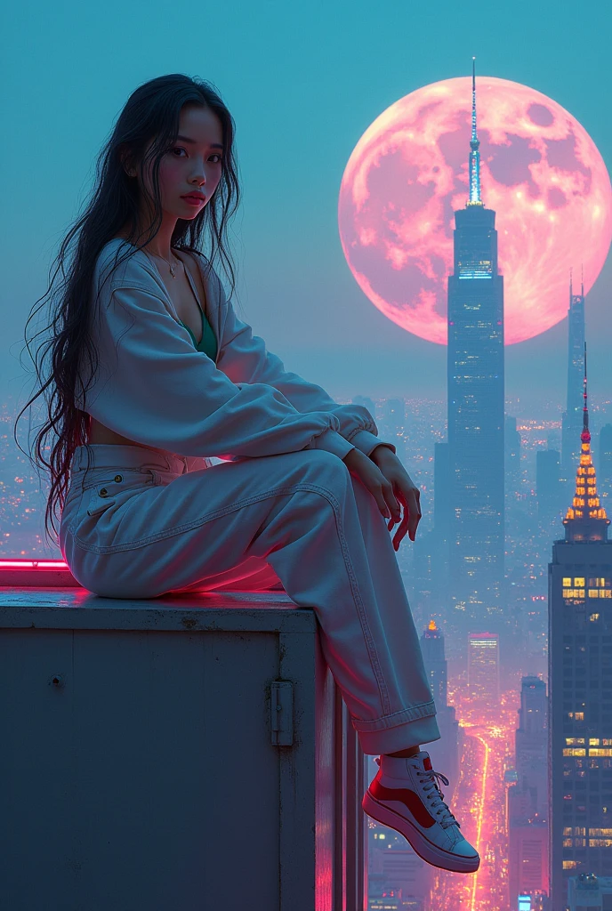 (tmasterpiece), Best quality at best, Ultra-high resolution,, Cyberpunk 1girl flies over stunning cityscapes ,hoody,Blue hair, neon colored meteor, Very long hair, cropped shoulders, feathers hair ornament, neon colored, Twinkle, stunning night sky, light, realisticlying, realisticing skin, HighDynamicRange,fish eye, chill, Hongkong city, có lá cờ việt nam đằng sau