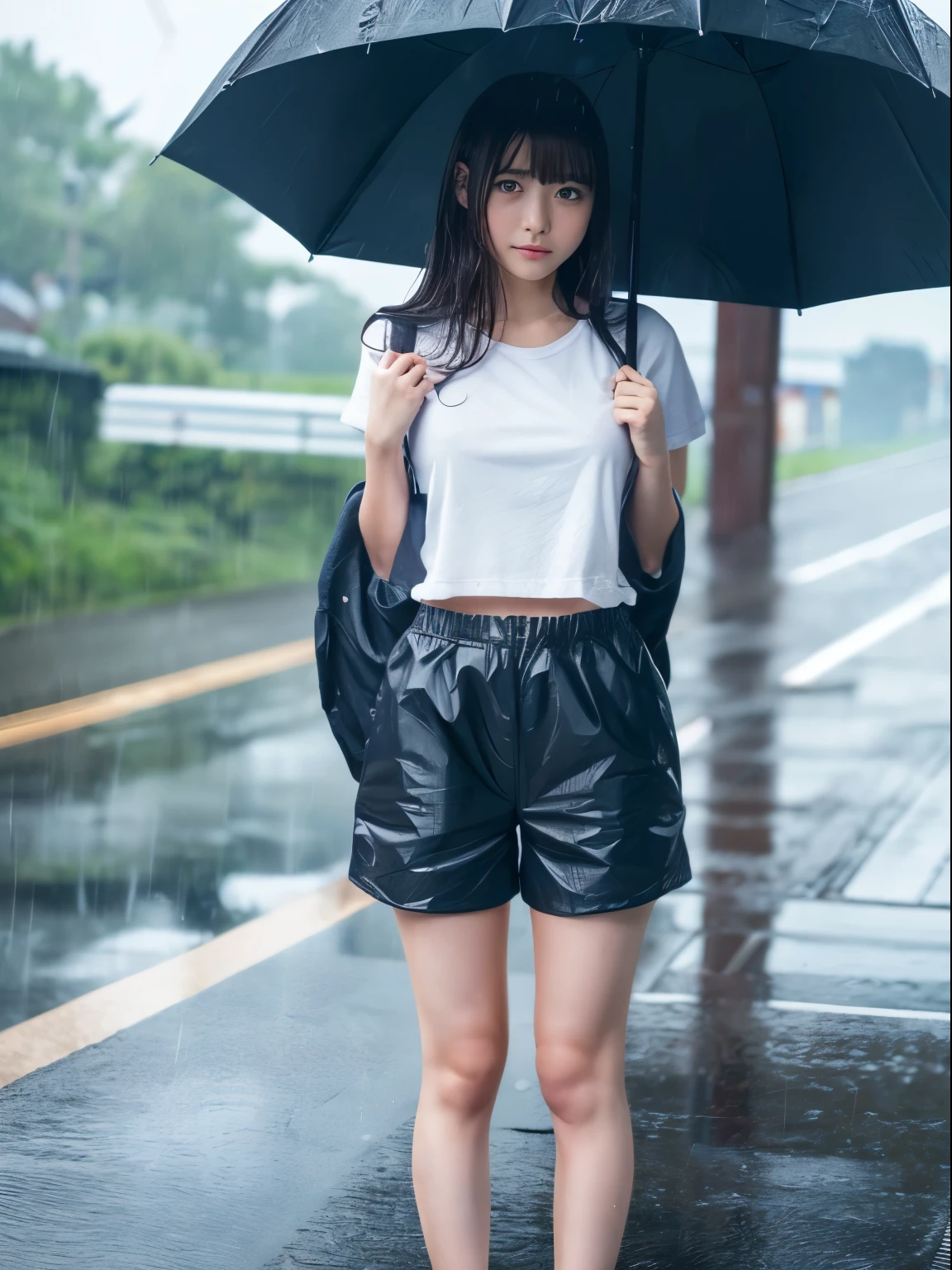 (8k, Top quality, Masterpiece:1.2), (Realistic, photo-realistic:1.37), Super detailed, perfect anatomy, cute, small eyes, 1, a Japanese, girl, without umbrella, heavy rain, wet hair, wet clothes, sweat body, shorts, soaking wet, storm, slim legs,